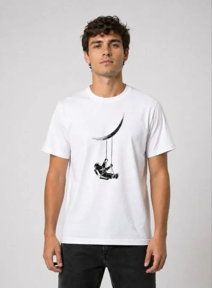 Erkek Astronot Ay Temalı Tişört Kısa Kol Yazlık Bisiklet Yaka T-Shirt - Beyaz
