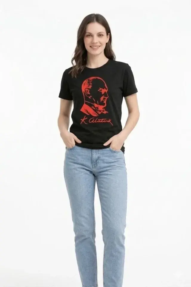 Atatürk Baskılı Tişört Kısa Kollu Bisiklet Yaka T-Shirt - Siyah