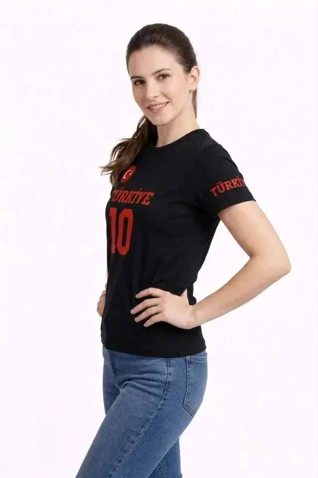 TÜRKİYE Ay Yıldız Baskılı 10 Numara Forma Tişört Taraftar T-Shirt - Siyah