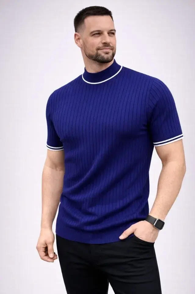 Erkek Fitilli Triko Dokuma Kısa Kol Tişört Yarım Boğaz Modern Yazlık T-Shirt - Lacivert