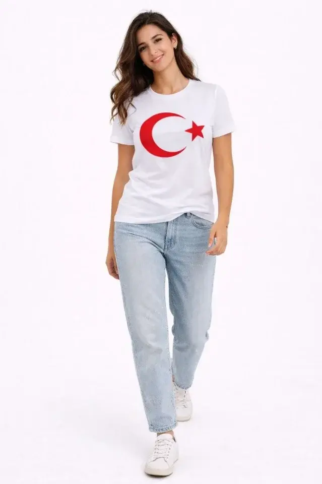 T-Shirt Kısa Kol Bisiklet Yaka Ay Yıldız Bayrak Baskılı Tişört - Beyaz