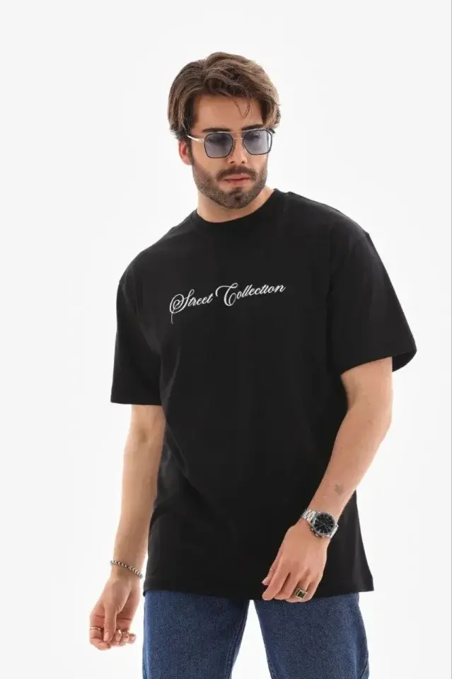 Erkek Baskılı T-Shirt Kısa Kol Bisiklet Yaka Regular Fit Rahat Kalıp Günlük Tişört - Siyah
