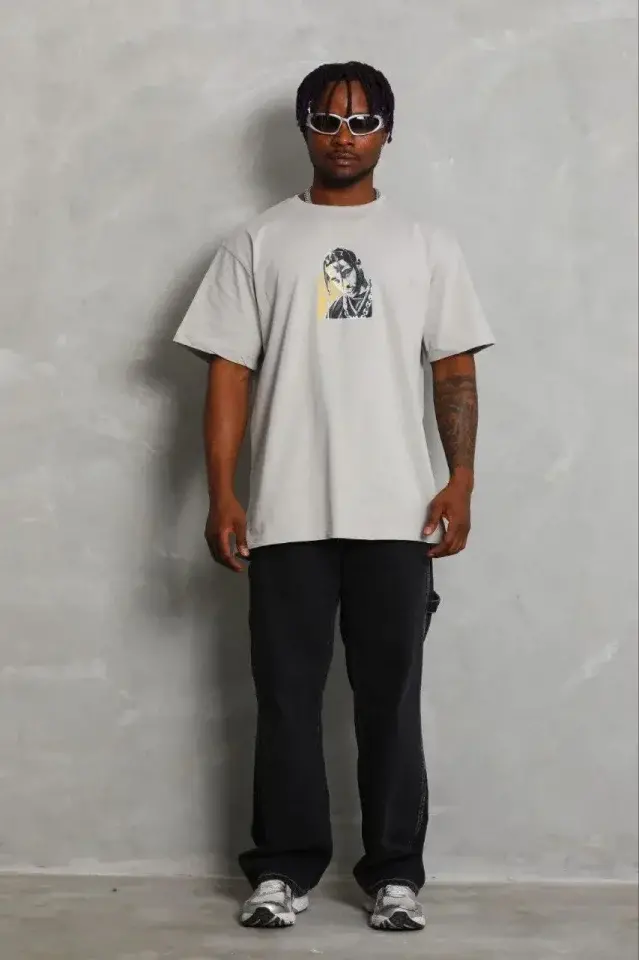 Erkek Baskılı T-Shirt Kısa Kol Bisiklet Yaka Regular Fit Rahat Kalıp Günlük Tişört - Gri