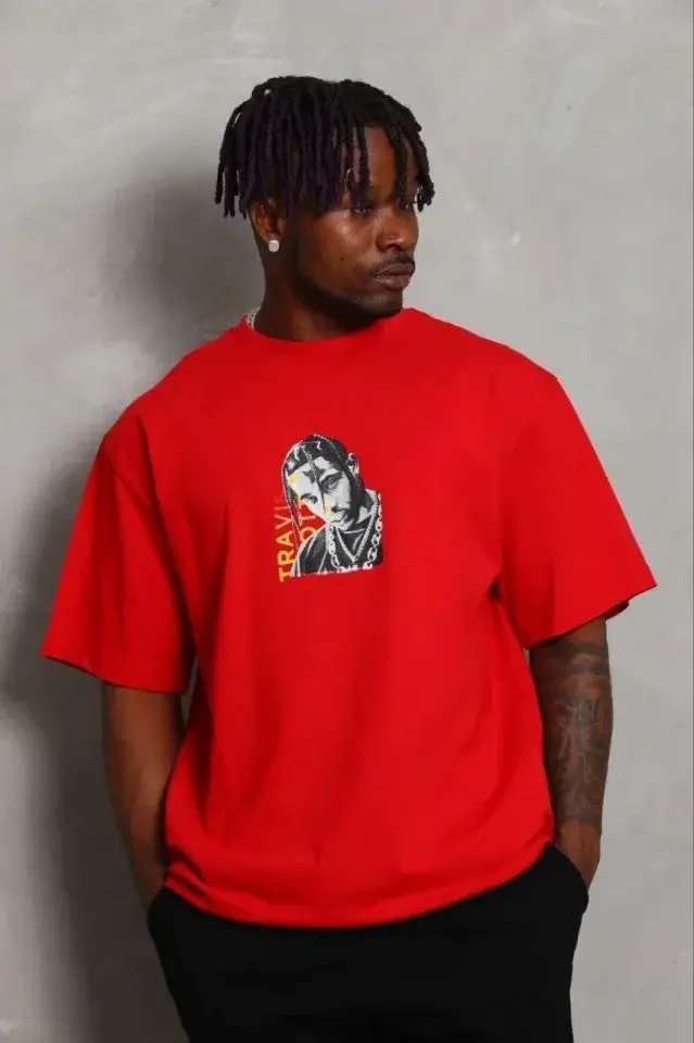 Erkek Baskılı T-Shirt Kısa Kol Bisiklet Yaka Regular Fit Rahat Kalıp Günlük Tişört - Kırmızı