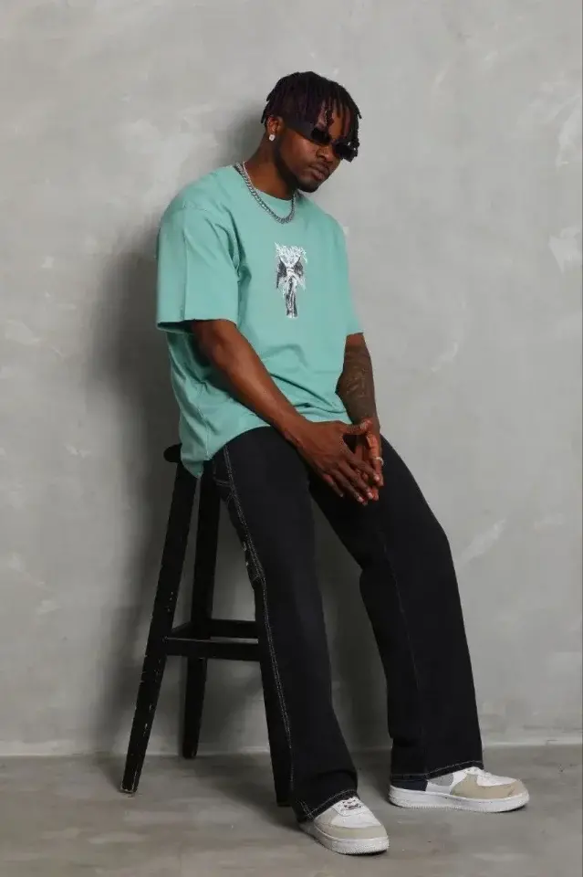 Erkek Baskılı T-Shirt Kısa Kol Bisiklet Yaka Regular Fit Rahat Kalıp Günlük Tişört - Mint Yeşili