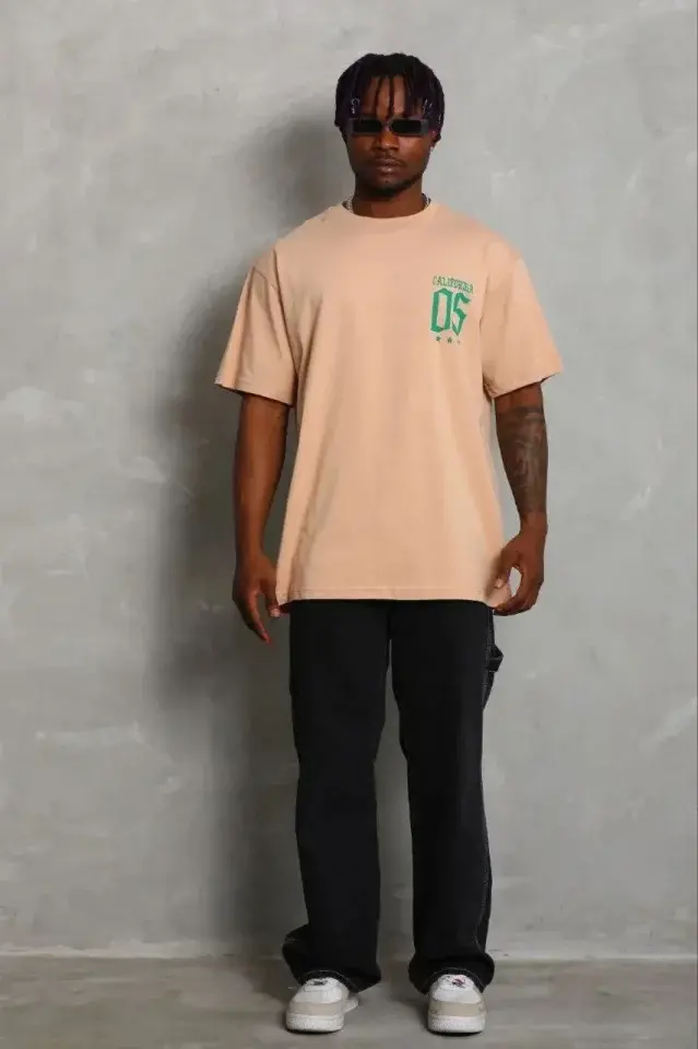 Erkek Baskılı T-Shirt Kısa Kol Bisiklet Yaka Regular Fit Rahat Kalıp Günlük Tişört - Bej