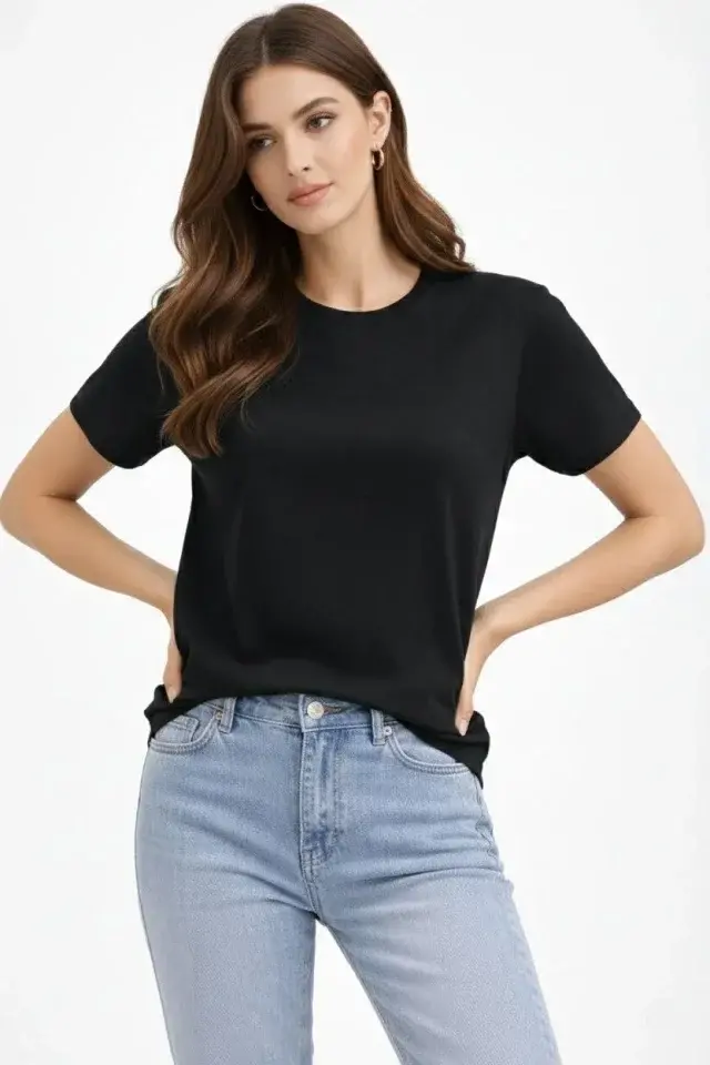 Bisiklet Yaka Tişört Regular Kalıp Basic Pamuklu Günlük Kullanım T-shirt - Siyah