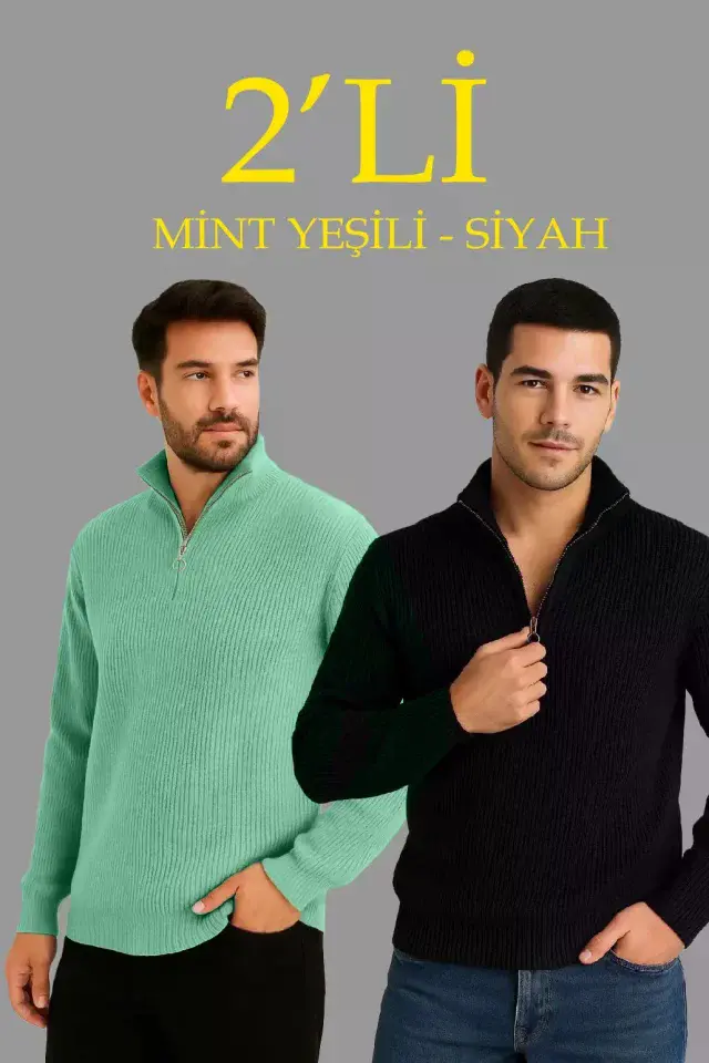 Erkek Fitilli Triko Kazak 2’li Set – Mint Yeşili - Siyah, Kalın Dokuma Pamuklu Regular Fit V Yaka Fermuarlı Uzun Kollu Rahat Kışlık Kazak Kombini