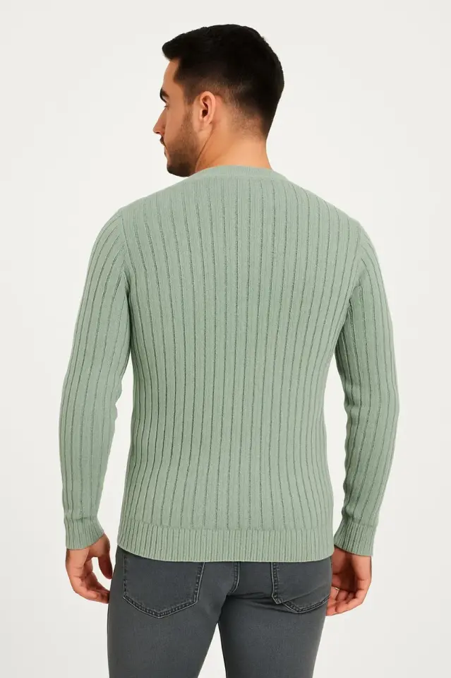 Erkek Bisiklet Yuvarlak Yaka Triko Kazak Pamuklu Kalın Fitilli Dokuma, Regular Fit Uzun Kollu Kışlık Model - Mint Yeşili