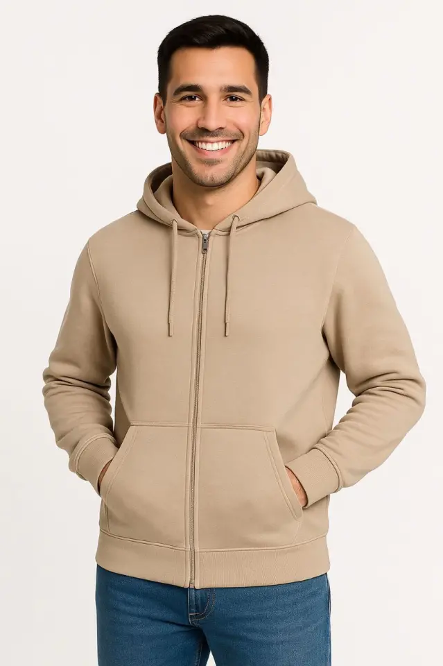 Erkek Üç İplik Kapüşonlu Tam Fermuarlı Kanguru Çepli SweatShirt Hoodie - Bej