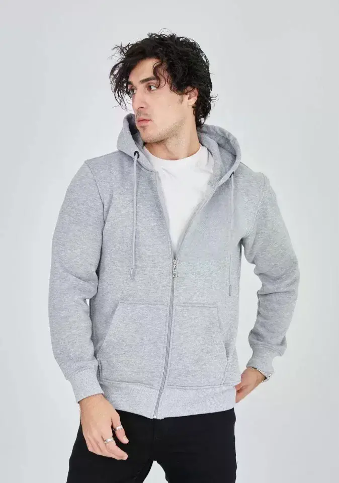 Unisex Tam Fermuarlı Kapşonlu&nbsp; SweatShirt - Gri