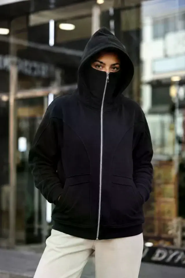 Maskeli Ninja Model Çift Kapüşonlu 3 İplik Şardonlu Fermuarlı Oversize Sweatshirt - Siyah