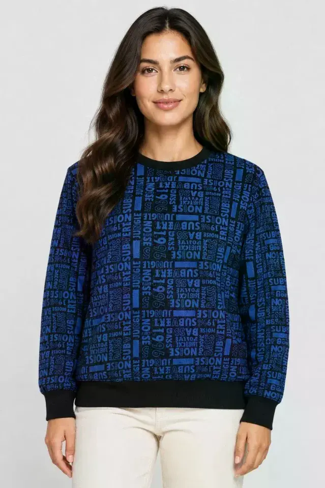 Siyah Mavi Yazı Desenli İki İplik Şardonlu Sweatshirt