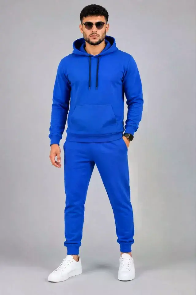 Erkek İki İplik Kapüşonlu Kanguru Cepli Sweatshirt Jogger Pantolon Alt Üst Eşofman Takımı -Saks Mavisi