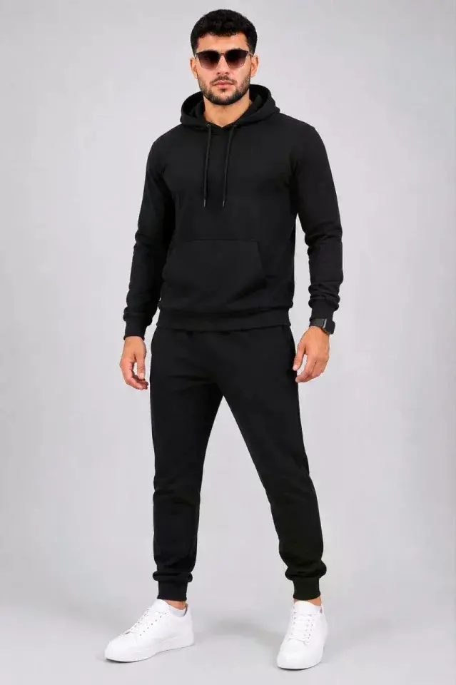 Erkek İki İplik Kapüşonlu Kanguru Cepli Sweatshirt Jogger Pantolon Alt Üst Eşofman Takımı -Siyah