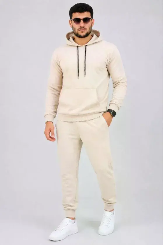 Erkek İki İplik Kapüşonlu Kanguru Cepli Sweatshirt Jogger Pantolon Alt Üst Eşofman Takımı -Bej