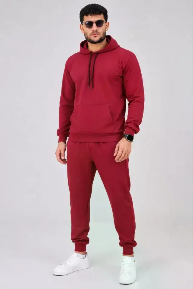 Erkek İki İplik Kapüşonlu Kanguru Cepli Sweatshirt Jogger Pantolon Alt Üst Eşofman Takımı -Bordo