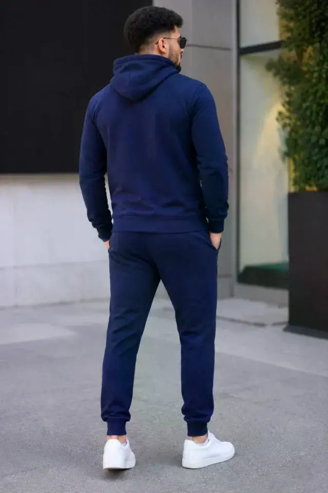 Erkek İki İplik Kapüşonlu Kanguru Cepli Sweatshirt Jogger Pantolon Alt Üst Eşofman Takımı - Lacivert