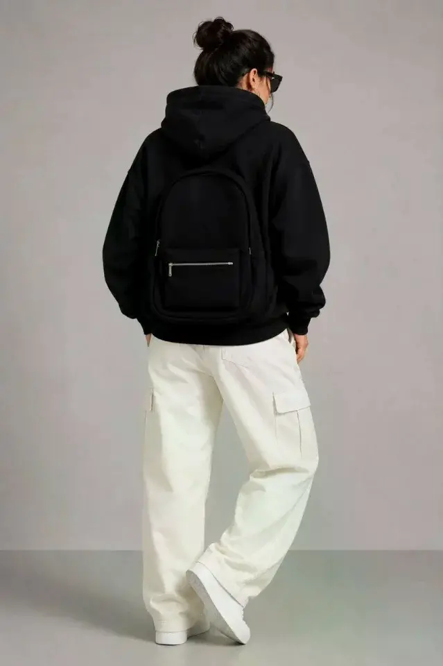 3 İplik Şardonlu Tam Fermuarlı Kapüşonlu Arka Çanta Detaylı Sweatshirt - Siyah