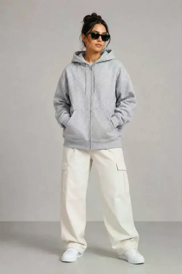 3 İplik Şardonlu Tam Fermuarlı Kapüşonlu Arka Çanta Detaylı Sweatshirt - Gri