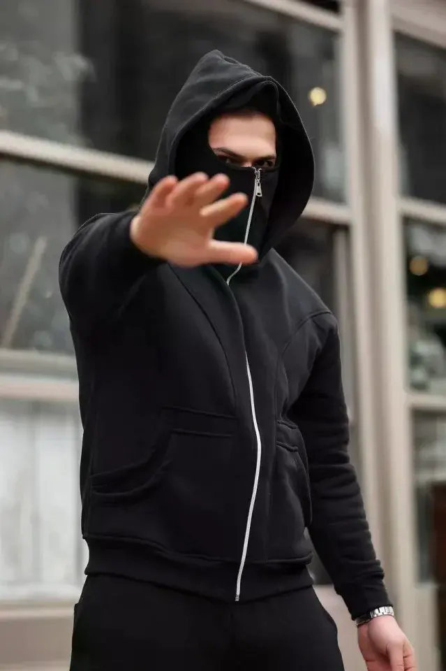 Erkek Maskeli Ninja Model Çift Kapüşonlu 3 İplik Şardonlu Fermuarlı Sweatshirt - Siyah
