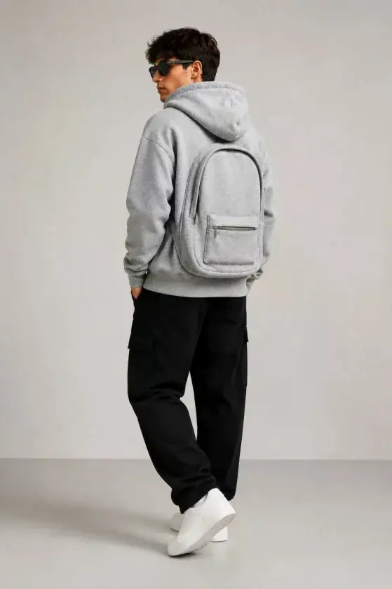 Erkek 3 İplik Şardonlu Tam Fermuarlı Kapüşonlu Arka Çanta Detaylı Sweatshirt - Gri