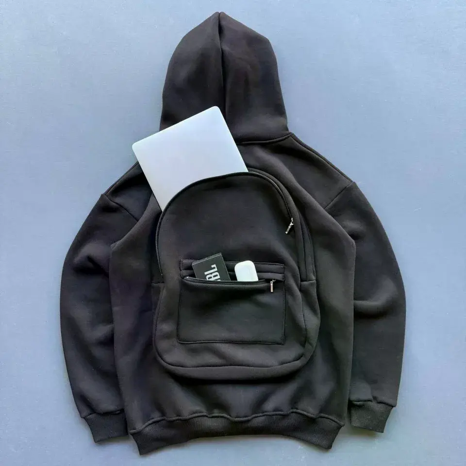 Erkek 3 İplik Şardonlu Tam Fermuarlı Kapüşonlu Arka Çanta Detaylı Sweatshirt - Siyah