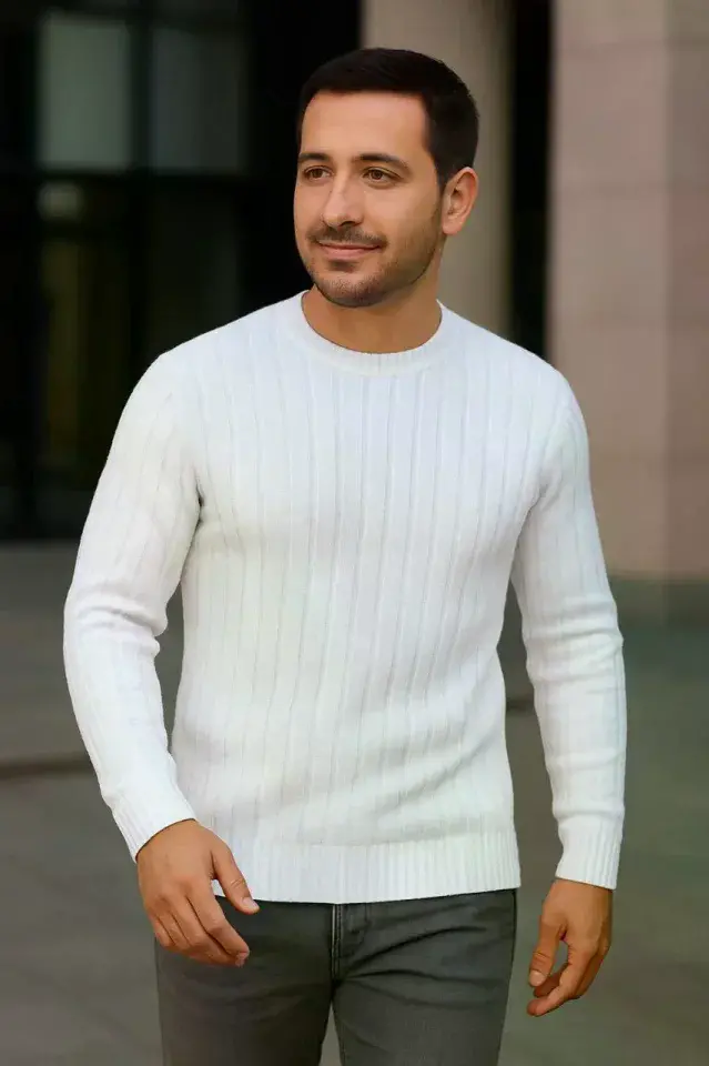 Erkek Fitilli Triko Bisiklet Yaka Kalın Kazak 3lü Set Beyaz-Saks Mavisi-Siyah