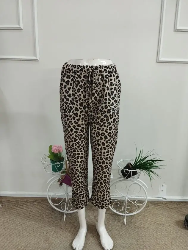 Kadın Yüksek Bel Bağcıklı Leopar Desenli Modal Pantolon