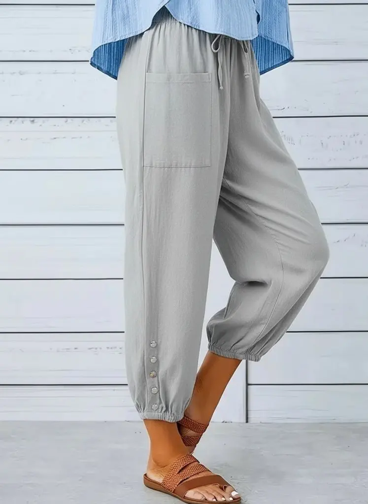 Kadın Beli Lastikli Bağcıklı Düğme Detaylı Pantolon