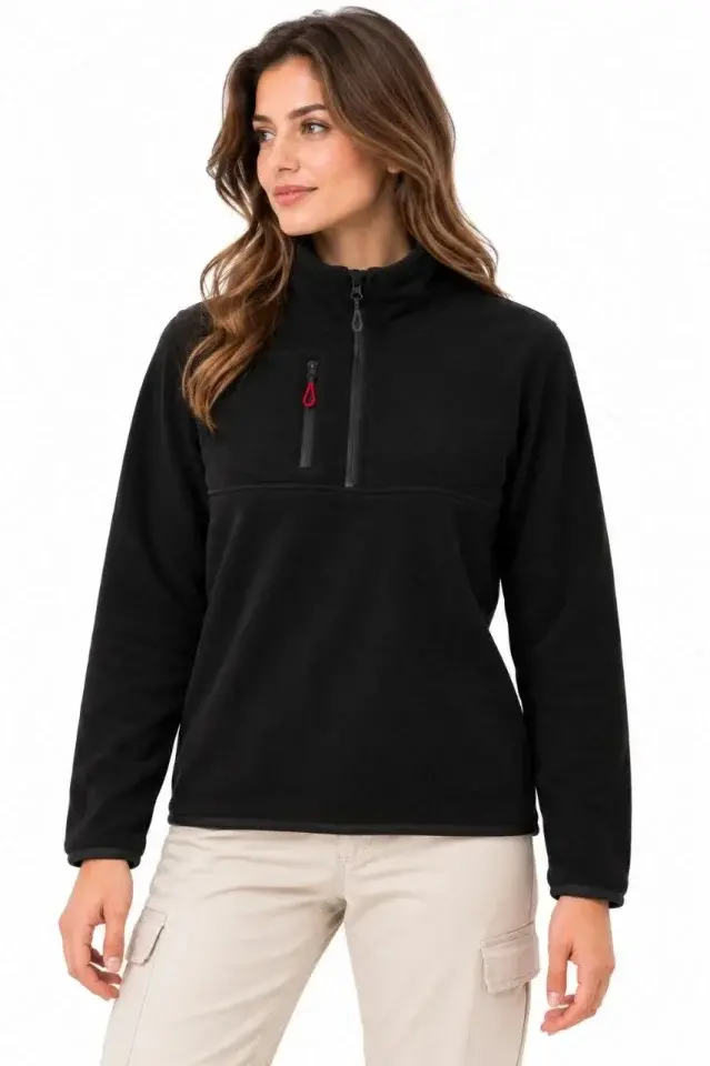 Polar Dik Yaka Yarım Fermuarlı Fermuarlı Göğüs Cepli Regular Fit Kışlık Sweatshirt - Siyah