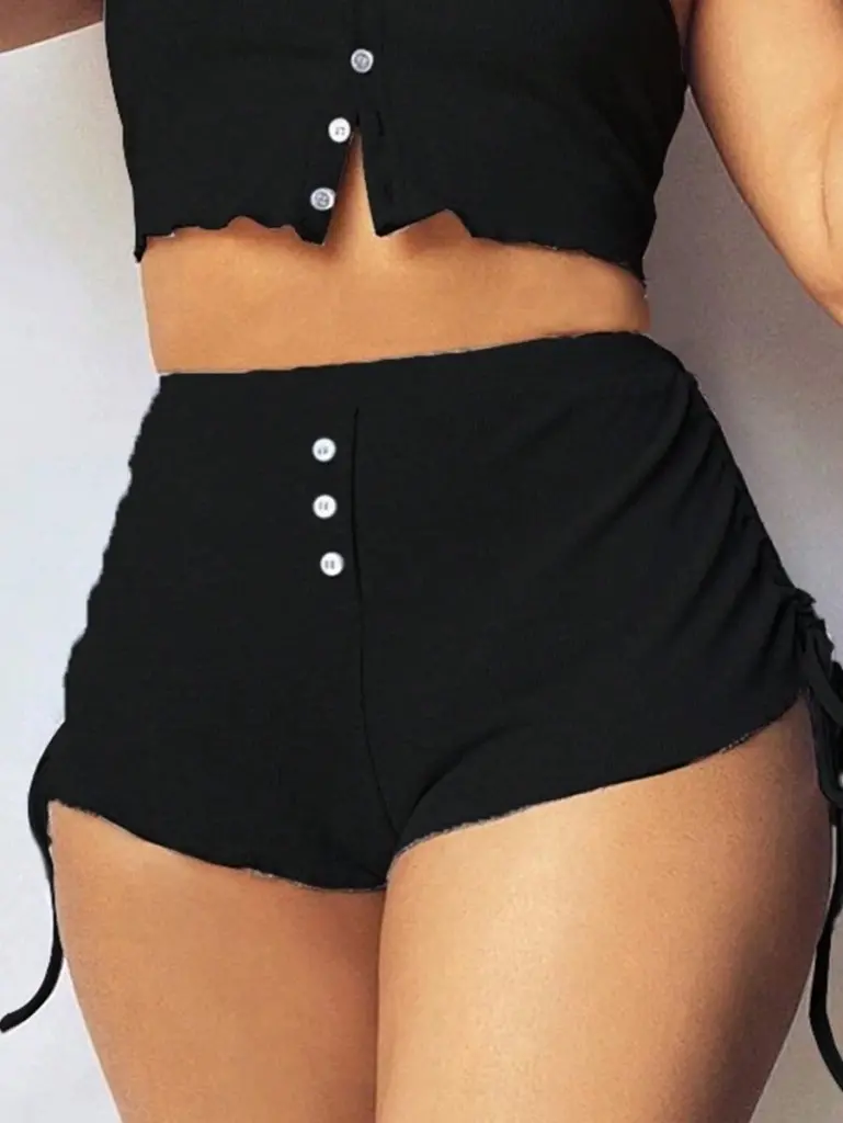 Kadın Ip Askılı Crop Bluz Ve Yanlardan Büzgülü Ikili Kaşkorse Short Takım