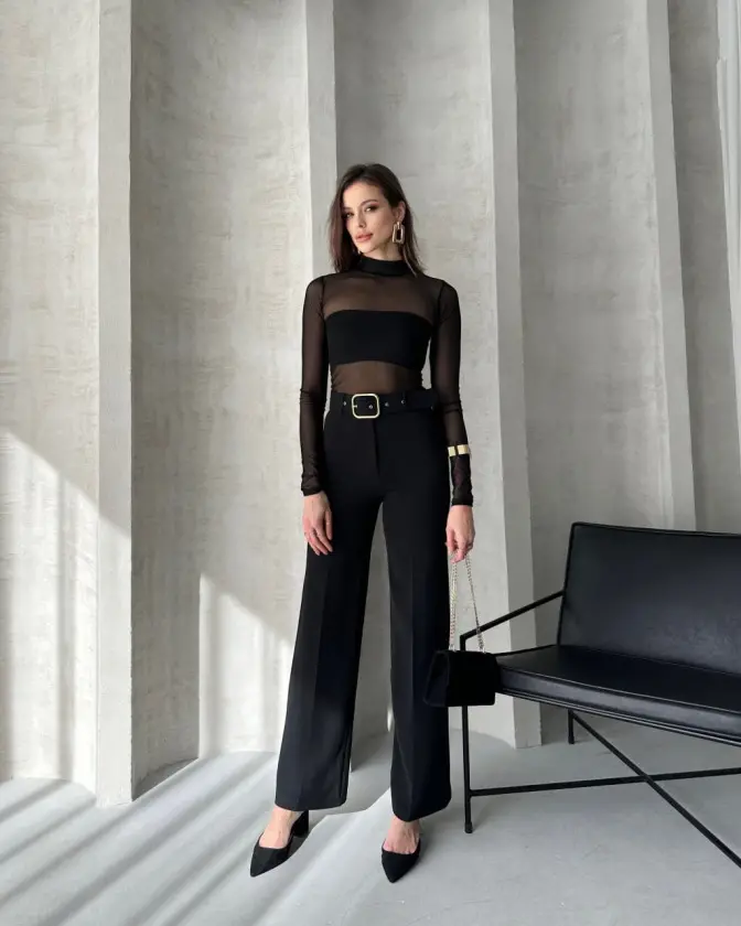 EN-BOY LİKRALI ÇİFT DÜĞMELİ VE KEMERLİ PALAZZO PANTOLON