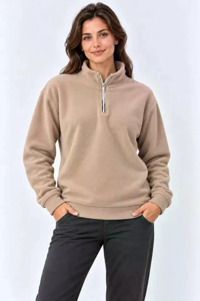 Polar Dik Yaka Yarım Fermuarlı Uzun Kollu Regular Fit Kışlık Sweatshirt - Bej