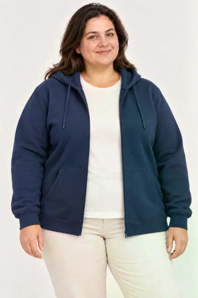 Battal Büyük Beden Üç İplik İçi Şardonlu Kapüşonlu Tam Fermuarlı Kışlık Sweatshirt - Lacivert