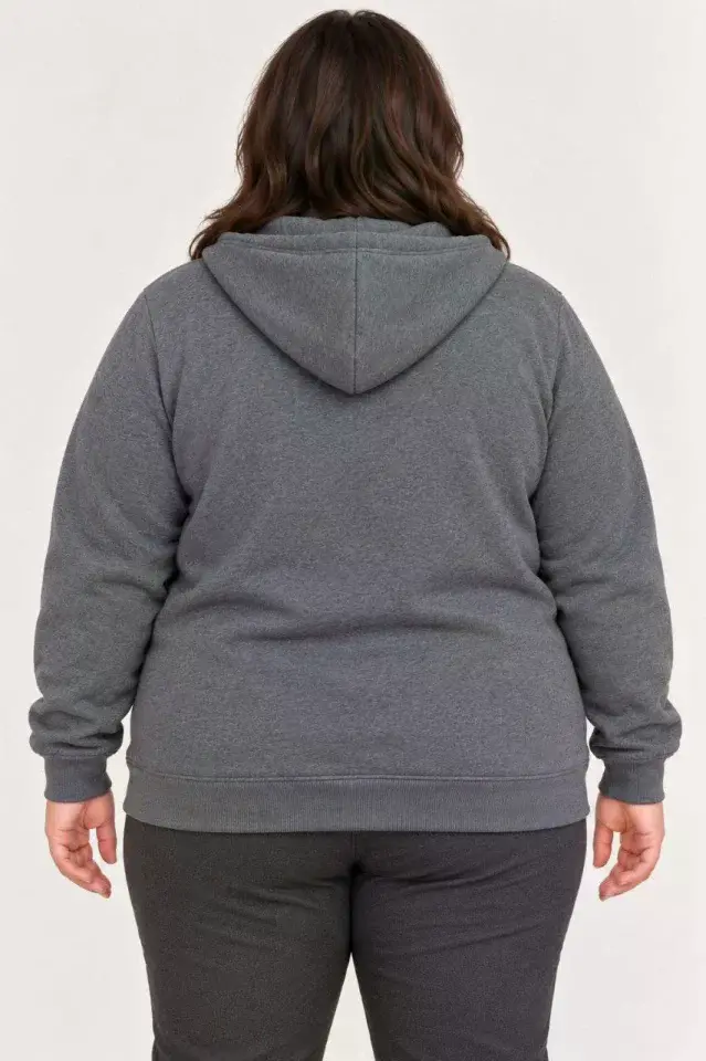 Battal Büyük Beden Üç İplik İçi Şardonlu Kapüşonlu Tam Fermuarlı Kışlık Sweatshirt - Füme
