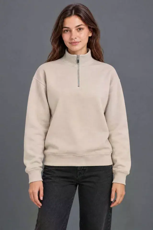 Üç İplik İçi Şardonlu Dik Yaka Yarım Fermuarlı Kışlık Sweatshirt - Bej