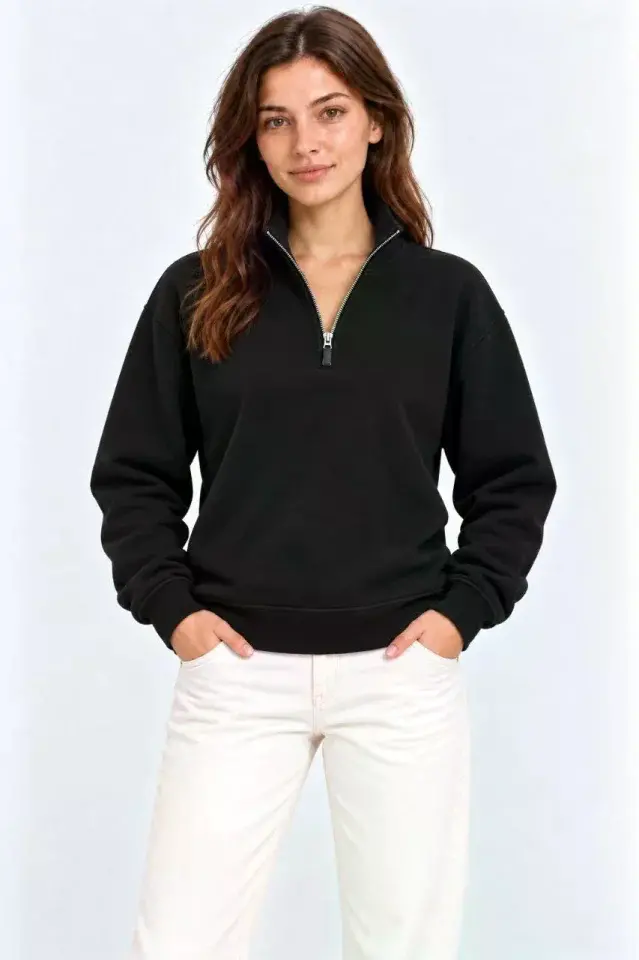 Üç İplik İçi Şardonlu Dik Yaka Yarım Fermuarlı Kışlık Sweatshirt - Siyah