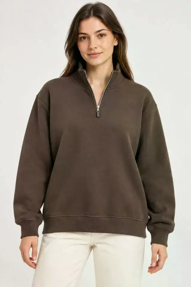 Üç İplik İçi Şardonlu Dik Yaka Yarım Fermuarlı Kışlık Sweatshirt - Kahverengi