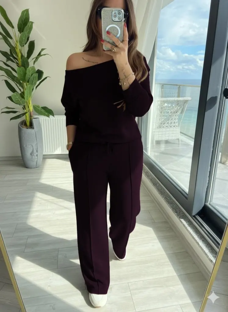 Kadın Uzun Kollu Tek Omuzdan Açık Modal Bluz Ve Pantolon Ikili Mürdüm Takım